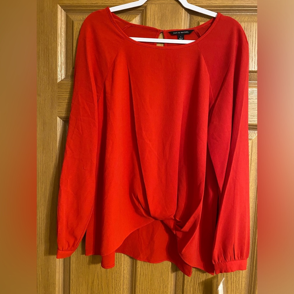NWT Zac & Rachel crimson red long sleeve, high/low blouse. Sz. Large.